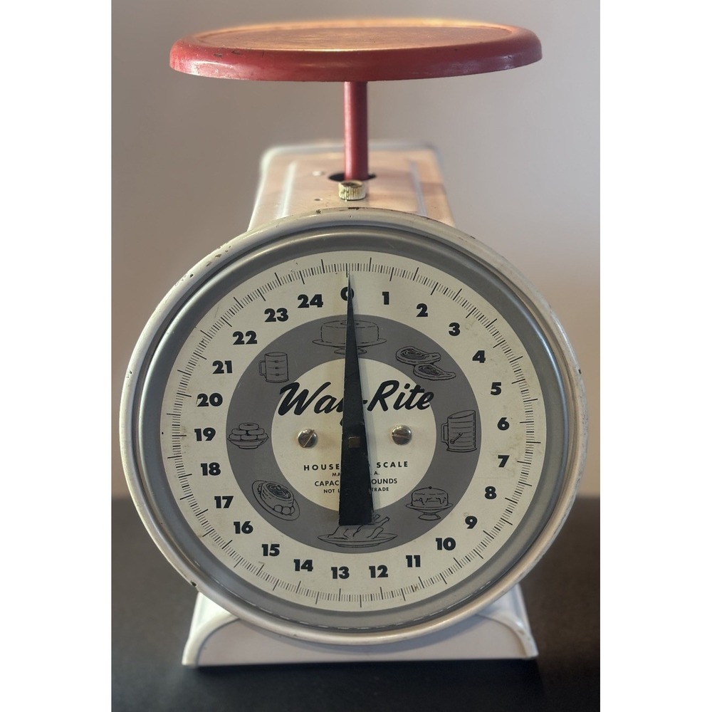 Vintage Way Rite Household Kitchen Food Scale Up to 25 lbs USA 9" T White & Red